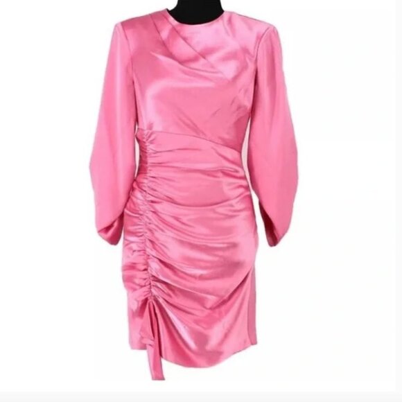 Cinq a Sept Barbie Pink Ruched Satin Mini Cocktail Dress - Picture 1 of 6